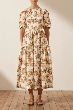 Shona Joy Bella Linen Short Sleeve Open Back Midi Dress Print Size 10 for rent on The Volte - image 1