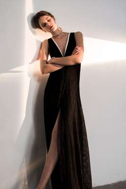 Galvan Pleated Lace Plunge Neck Dress