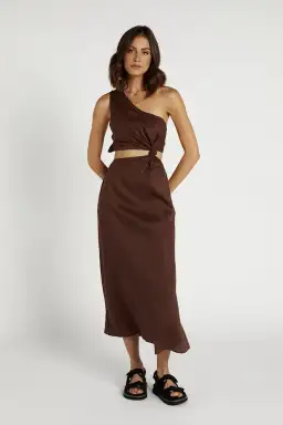 Dissh Keating Choc Linen Knot Mini Dress Brown Size S for rent on The Volte - image 1