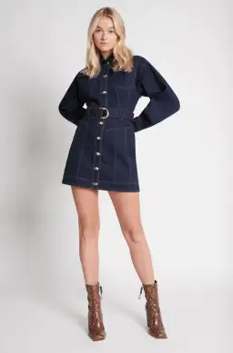 Aje Philia Belted Denim Mini Dress Indigo Blue Size 6