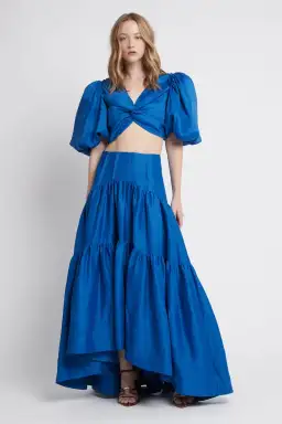 Aje Reverb Set Puff Sleeve Crop Top and Gathered Midi Skirt Set Blue Size 8