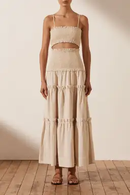 SHONA JOY Fiona Shirred Bralette and Tiered Midi Skirt Set CREAM Size AU 6 for rent on The Volte - image 1
