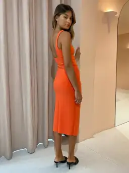 Bec & Bridge Elroy Tuck Midi Dress Flame Orange Size 16  for rent on The Volte - image 2