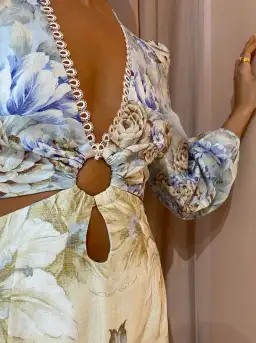 Sonya Cut Out Linen Mini Dress In Botanica Print Size 12