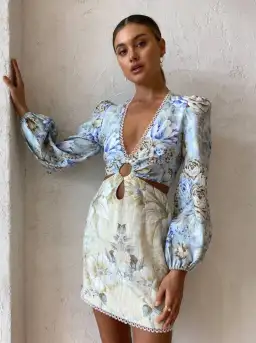 Sonya Cut Out Linen Mini Dress in Botanica Print Size 10