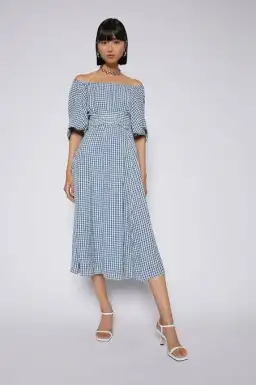 Scanlan Theodore Gingham Gathered Dress in Blue Natural Size 8 for rent on The Volte - image 1