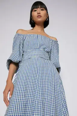 Scanlan Theodore Gingham Gathered Dress in Blue Natural Size 8 for rent on The Volte - image 2