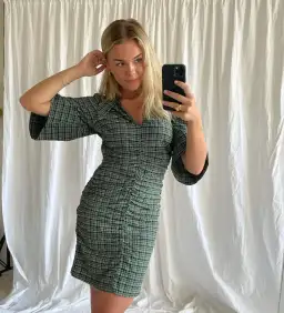 Ganni Seersucker Check Ruched Dress Bay Green Size 14 for rent on The Volte - image 4
