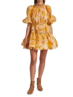 Zimmermann Tempo Trim Rouleau Mini Dress Gold Peonies Size 3 for rent on The Volte - image 1