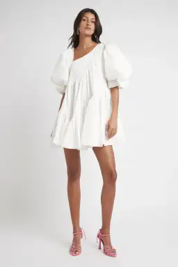 Aje Casabianca Braided Asymmetric Puff Sleeve Mini Dress White Size 14