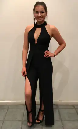 Seduce Plunge Neck Jumpsuit Black Size 8 for rent on The Volte - image 1