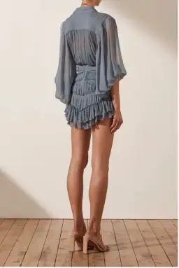 Shona Joy Kayla Button Up Ruched Mini Dress Blue Smoke Size 10  for rent on The Volte - image 4