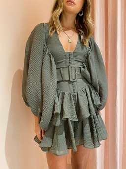 Shona Joy Charlotte Plunged Draped Mini Dress - Khaki sz 8 for rent on The Volte - image 3