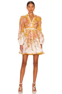 Zimmermann Pattie Plunge Mini Dress in Mustard Floral Size 3/ AU 14
