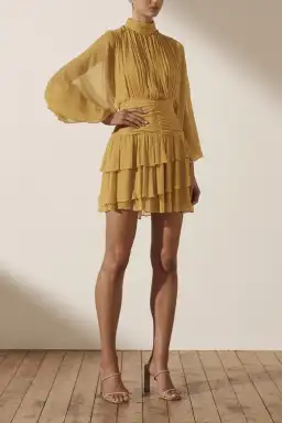 Shona Joy Iris Long Sleeve Ruched Mini Dress Saffron Yellow Size 10 for rent on The Volte - image 1