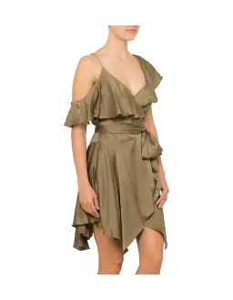 Zimmermann Sueded Asymmetrical Wrap Mini Dress Khaki Size 8 for rent on The Volte - image 2