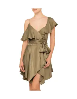 Zimmermann Sueded Asymmetrical Wrap Mini Dress Khaki Size 8 for rent on The Volte - image 1