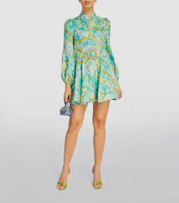 Zimmermann High Tide Buttoned Mini Dress in Aqua Ikat Floral Size 2 / Au 12 