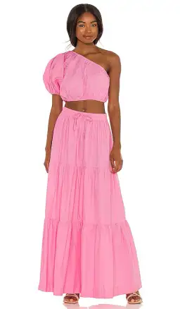 SWF One Shoulder Puff Sleeve Crop and Drawstring A-Line Tiered Maxi Skirt Set in Floss Pink Size 10 for rent on The Volte - image 2