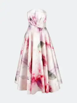 Marchesa Notte Strapless Draped Printed Mikado Pique Tea Length Dress Blush Size 12