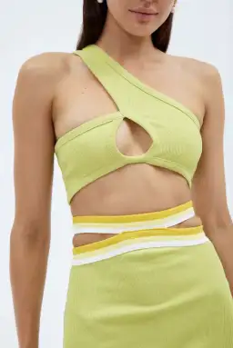 Christopher Esber Looped One Shoulder Rib Crop and Multi Bind Curve Skirt Set in Lime Size 10 for rent on The Volte - image 5