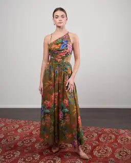 Zimmerman Tropicana Asymmetric Dress Khaki Floral Size 2/ 12