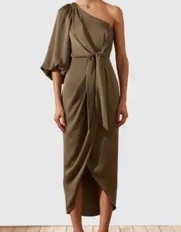 Shona Joy Luxe Tie Front One Shoulder Midi Dress Pine Green Size 10 / M