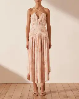 Shona Joy Faye Cross Front Midi Dress Blush & Multi Size 12