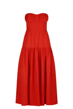 Shona Joy Jules Linen Strapless Ruched Midi Dress in Lipstick Red Size 8 / S for rent on The Volte - image 3