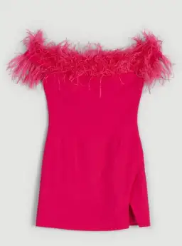Karen Millen Compact Stretch Feather Bardot Mini Dress Pink Size 10