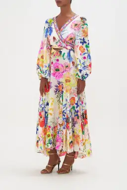 Camilla Wrap Tie Dress With Blouson Sleeve Fairy Gang Floral Size L/ Au 14 for rent on The Volte - image 3