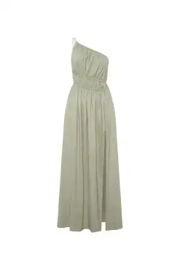 Camilla And Marc Sevilla Asymmetric One Shoulder Linen Maxi Dress In Oregano Green Size 12  for rent on The Volte - image 4