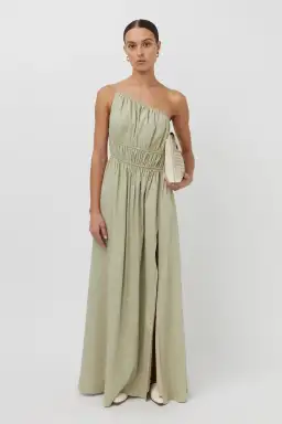 Camilla And Marc Sevilla Asymmetric One Shoulder Linen Maxi Dress In Oregano Green Size 12  for rent on The Volte - image 1