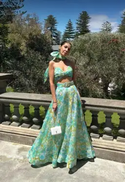 Zimmermann High Tide Twist Crop Bodice & Maxi Skirt Set Aqua Ikat Floral  Size 0P/ AU 6