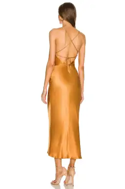 Shona Joy Alma Asymetric Bias Cowl Midi Dress Tumeric Gold Size 8 for rent on The Volte - image 2