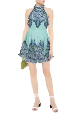 Zimmermann Moncur Ruffle Neck Mini Dress Aqua Paisley Size 0 / AU 8