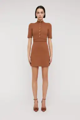 Scanlan Theodore Crepe Knit Mini Button Dress Hazel Brown Size 6