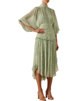 Shona Joy Aurore Long Sleeve Open Back Midi Dress Green Size AU 10 