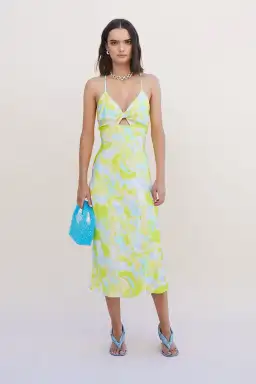 SUBOO SPLASH PRINT KALEIDOSCOPE TWIST FRONT SLIP DRESS - SIZE L (RRP $279) for rent on The Volte - image 1