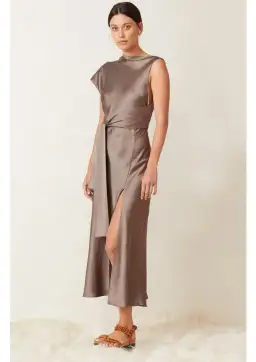 Bec and Bridge Piper Asymmetrical Midi Dress in Olive Brown Size 6