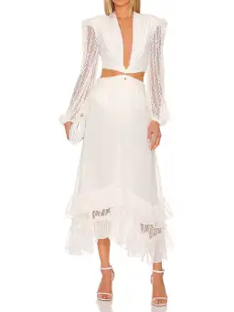 PatBO Plunge Lace Sleeve Maxi Dress White Size M / Au 10