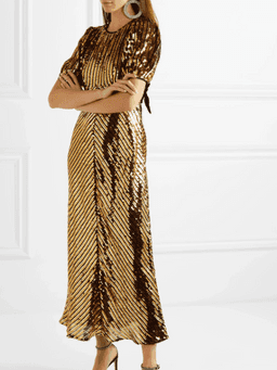 Rixo Daisy velvet trimmed cutout Georgette gold sequin midi dress size 8 for rent on The Volte - image 1