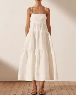 Shona Joy Maya Linen Pin Tuck Open Back Tiered Midi Dress White Size AU 8 for rent on The Volte - image 1