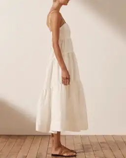 Shona Joy Maya Linen Pin Tuck Open Back Tiered Midi Dress White Size AU 8 for rent on The Volte - image 4