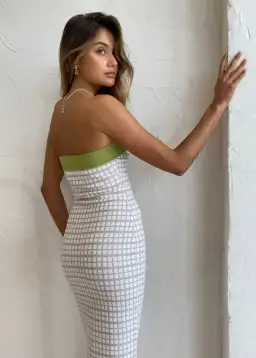 By Johnny Isabella Check Strapless Knit Midi Dress in Pistachio Size 6 / XS for rent on The Volte - image 3