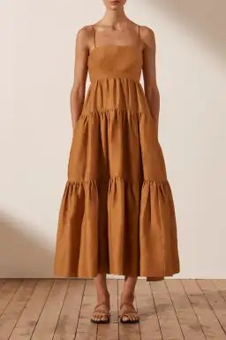 Shona Joy Maya Linen Pin Tuck Open Back Tiered Midi Dress Turmeric Size 14 for rent on The Volte - image 1