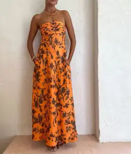 Shona Joy Uli Corded Strapless  Maxi Dress Orange Floral Size 8 / S for rent on The Volte - image 1