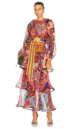 Zimmermann Lovestruck Ruffle Top & Frill Skirt Set Floral Size 3/AU 14
