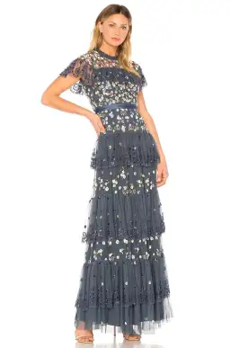 Needle and Thread Tiered Anglais Gown Washed Indigo Beaded Floral Size 8