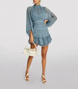 Shona Joy Harmony High Neck Ruched Mini Dress Blue Print Size 6